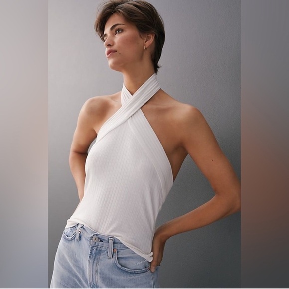 NWT By Anthropologie Ribbed Halter Tank top white shirt - Picture 1 of 13